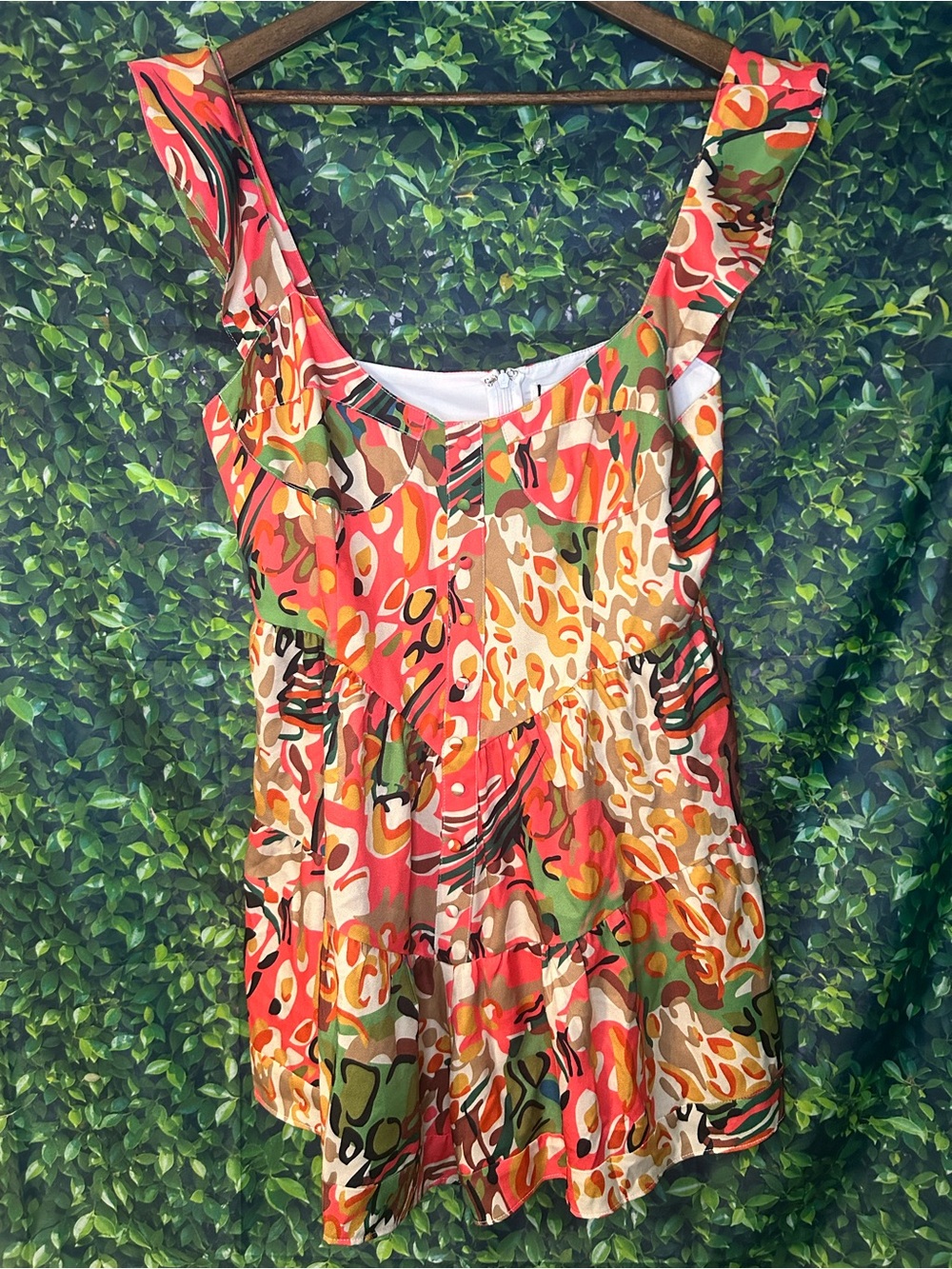 Commense Vibrant Abstract Tiered Romper in Coral, Green & Tan